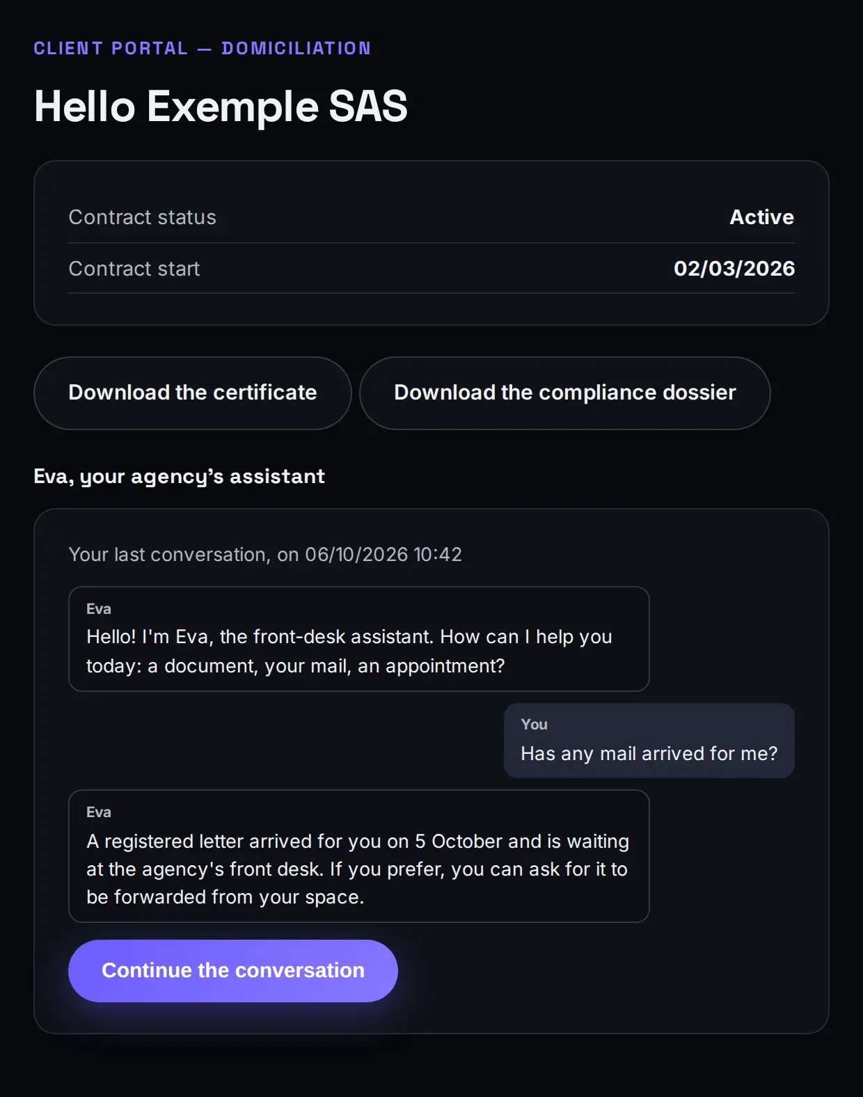 Client space of a fictional client: the conversation started with Eva at the agency is waiting there, below the contract status and the certificate download.