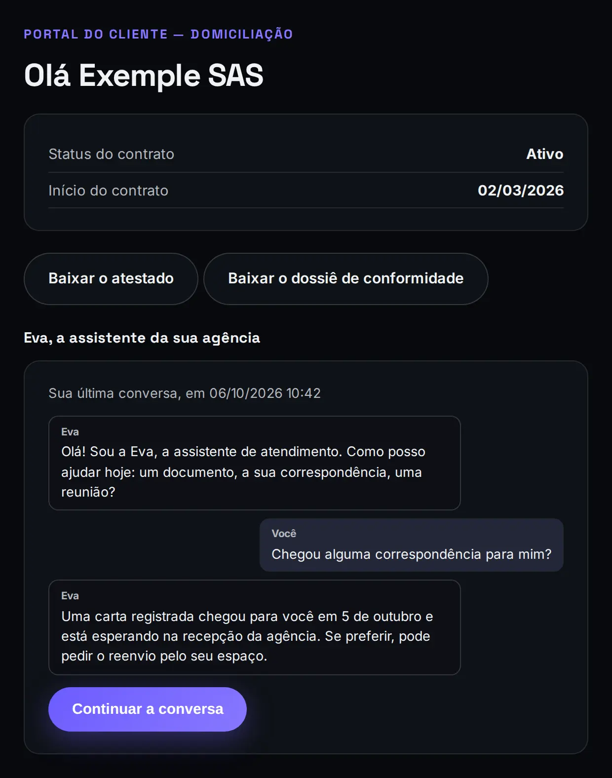 Espaço do cliente de um cliente fictício: a conversa iniciada com a Eva na agência está lá, abaixo do status do contrato e do certificado para baixar.